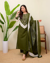 Elegant Olive Green Printed Kurta Set with Dupatta Description: