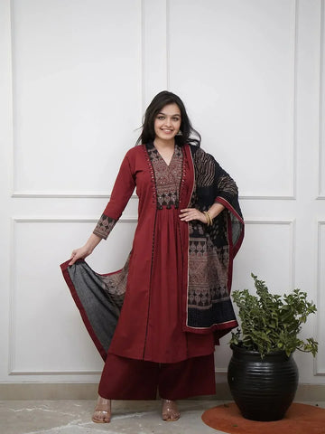 Maroon Printed Kurta Set with Contrast Dupatta